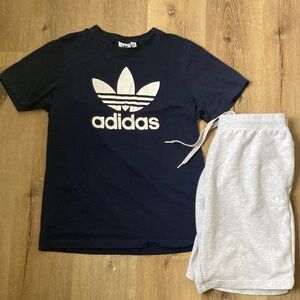Adidas Navy Tee and Light Gray Shorts